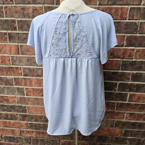 Maeve Blouse Womens 8 Blue Sheer Lace Yoke Short Sleeve Tunic Top Anthropologie - Picture 2 of 11